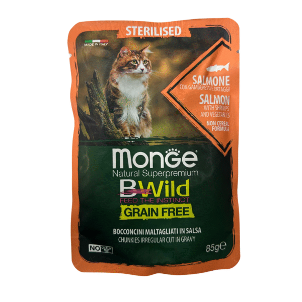 Sobre De Alimento Para Gatos Castrados Monge Bwild Sabor Salmon 85 Grs