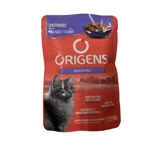 Sobre De Alimento Origens Bola De Pelo Para Gatos Castrados Sabor Pollo Y Carne 85 Grs