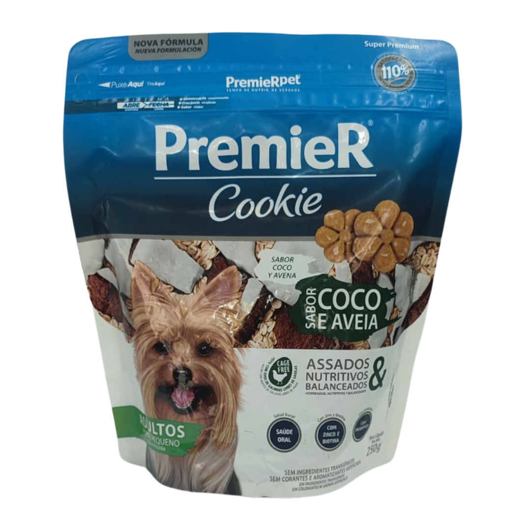 P0253.png Paquete De Galletas Premier Para Perros Adultos Sabor Coco Y Avena 250 grs - Imagen 1
